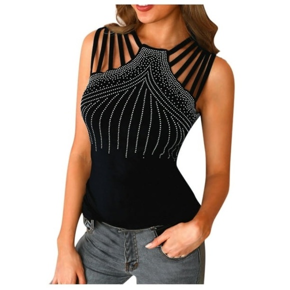 CBR Black Rhinestone Embellished Multi-Strap Sleeveless Top S Party Y2K Club - Picture 1 of 9